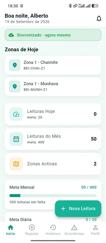 Início: zonas do dia, leituras feitas e meta mensal