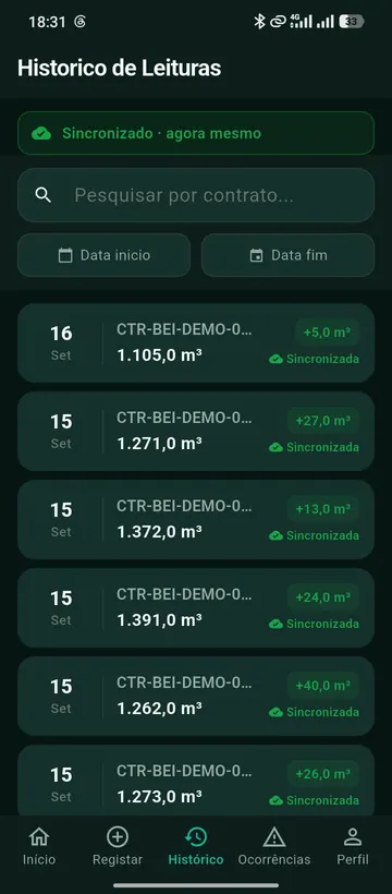Histórico de leituras, com o estado de sincronização de cada uma