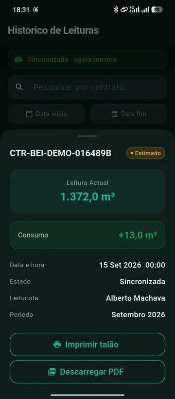 Detalhe da leitura: consumo, leitor e talão para imprimir ou guardar em PDF