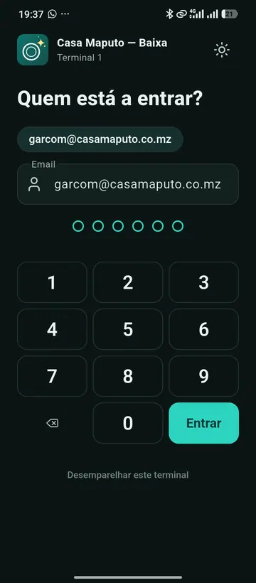 Entrada no terminal por PIN, com a loja e o terminal identificados
